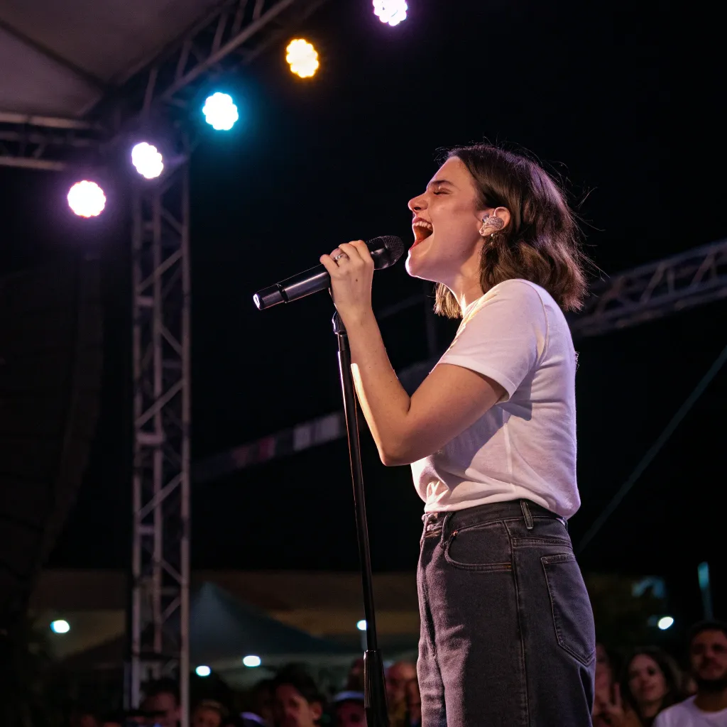 Emma with a microphone singing